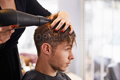 Buy stock photo Customer, hairdryer and man with hairdresser for professional haircare, styling or drying with luxury treatment. Grooming, hair and client at salon for care, wellness and small business with service