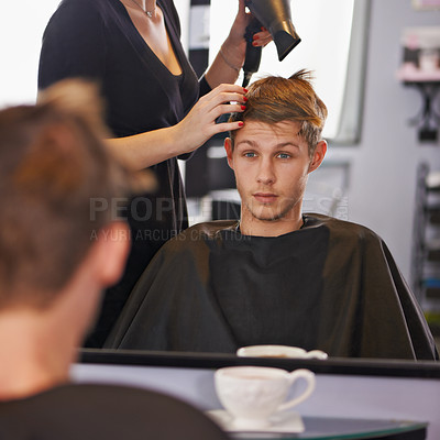 Buy stock photo Mirror, hairdryer and man with hairdresser for professional haircare, styling or drying with luxury treatment. Grooming, hair and client at salon for care, wellness and small business with service