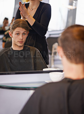 Buy stock photo Confident, man and female hairdresser in salon for grooming, styling and haircut. Woman, beauty shop and male customer in chair for treatment, blow out or conditioning looking at reflection in mirror