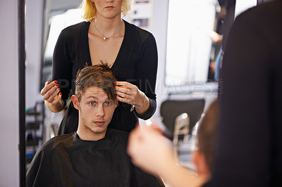 Buy stock photo Customer, styling and man in mirror with hairdresser for professional haircare, cut or luxury treatment. Grooming, hair and client at salon for care, unique haircut and small business with service