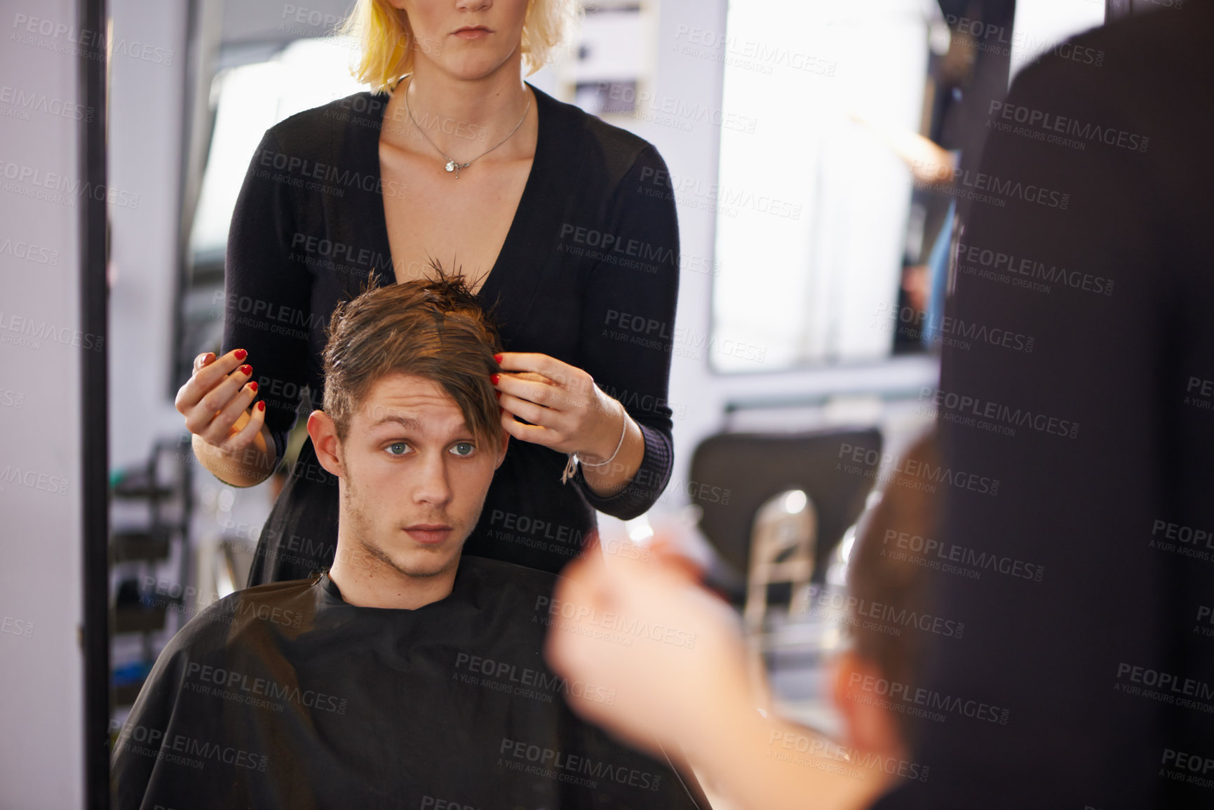 Buy stock photo Customer, styling and man in mirror with hairdresser for professional haircare, cut or luxury treatment. Grooming, hair and client at salon for care, unique haircut and small business with service