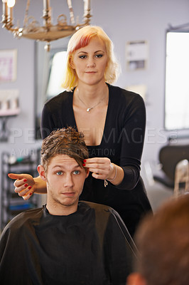 Buy stock photo Mirror, style and man in mirror with hairdresser for professional haircare, cut or luxury treatment. Grooming, hair and client at salon for care, unique haircut and small business with expert service