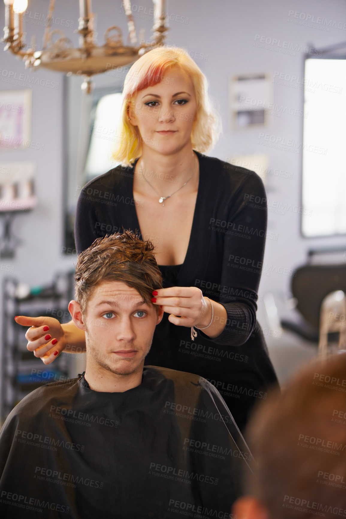 Buy stock photo Mirror, style and man in mirror with hairdresser for professional haircare, cut or luxury treatment. Grooming, hair and client at salon for care, unique haircut and small business with expert service