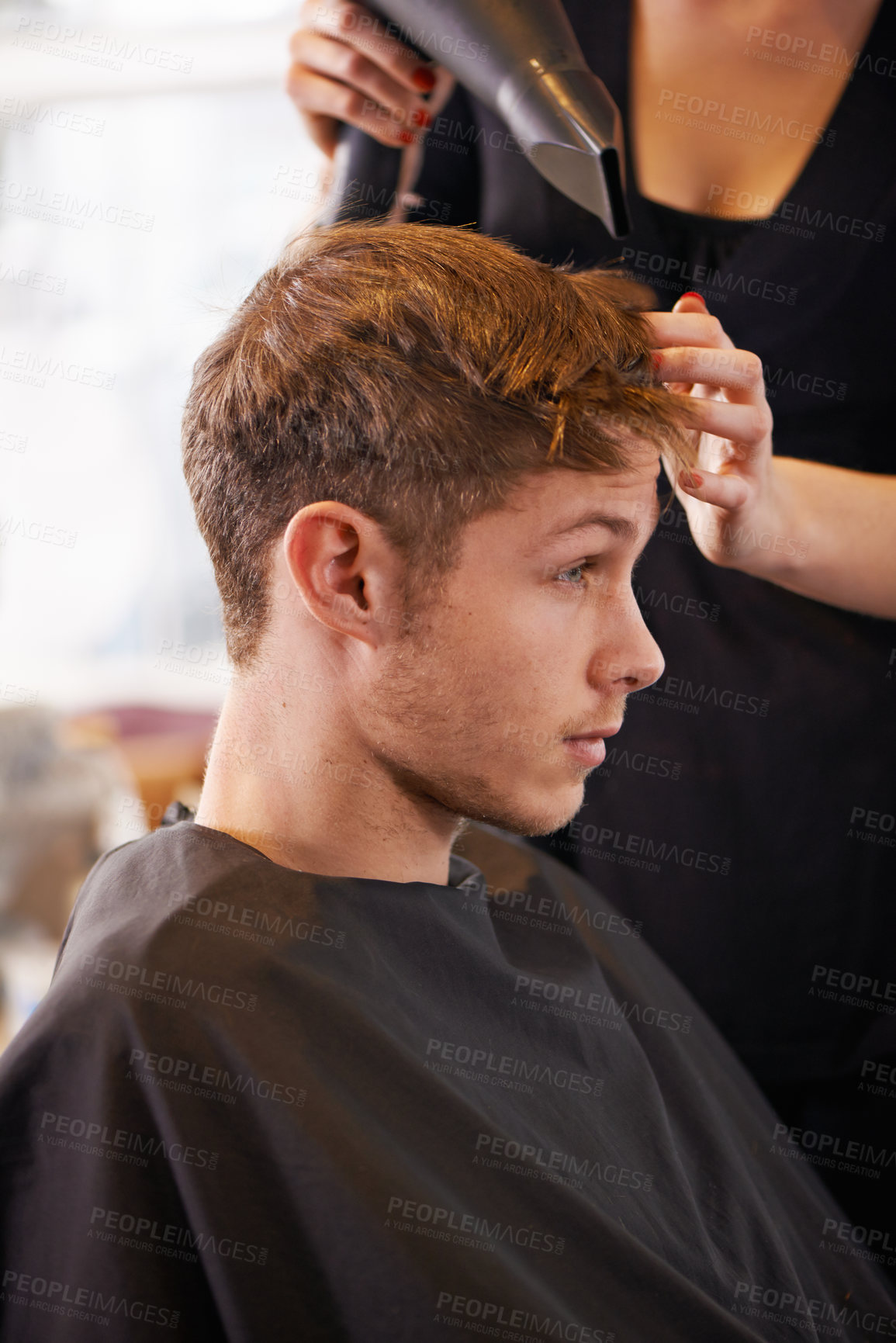Buy stock photo Client, hairdryer and man with hairdresser for professional haircare, styling or drying with luxury treatment. Grooming, hair and customer at salon for care, wellness and small business with service