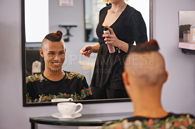 Buy stock photo Spray, styling and happy man in mirror with hairdresser for professional haircare, cut or luxury treatment. Grooming, hair and client at salon for care, unique haircut and small business with service