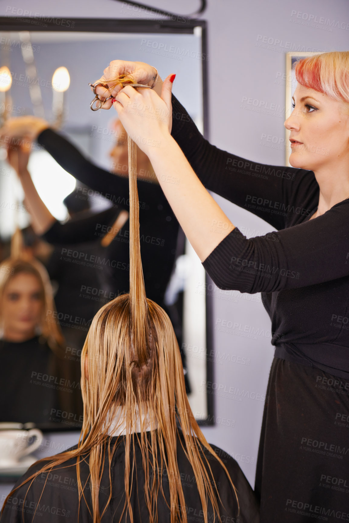 Buy stock photo Styling, cut and woman with hairdresser, scissor and professional haircare, mirror or luxury treatment. Grooming, hair care and client at beauty salon with stylist, balayage or small business service