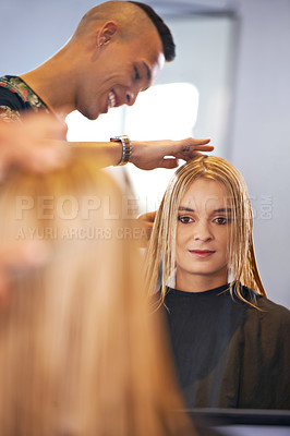 Buy stock photo Woman, hairstylist and hair care in salon, mirror and keratin treatment or dye for grooming. Female person, beauty professional and makeover transformation at hairdresser, cosmetics and pamper client