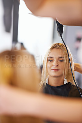 Buy stock photo Woman, mirror and hairdresser in salon for haircare maintenance and heat treatment. Styling, back view and female customer for makeover, professional service and hair drying with luxury care