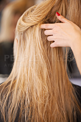 Buy stock photo Woman, hairstylist and haircare in salon, hands and hair treatment or beauty for grooming. Female person, back and prepare for makeover transformation at hairdresser, cosmetics and ready client