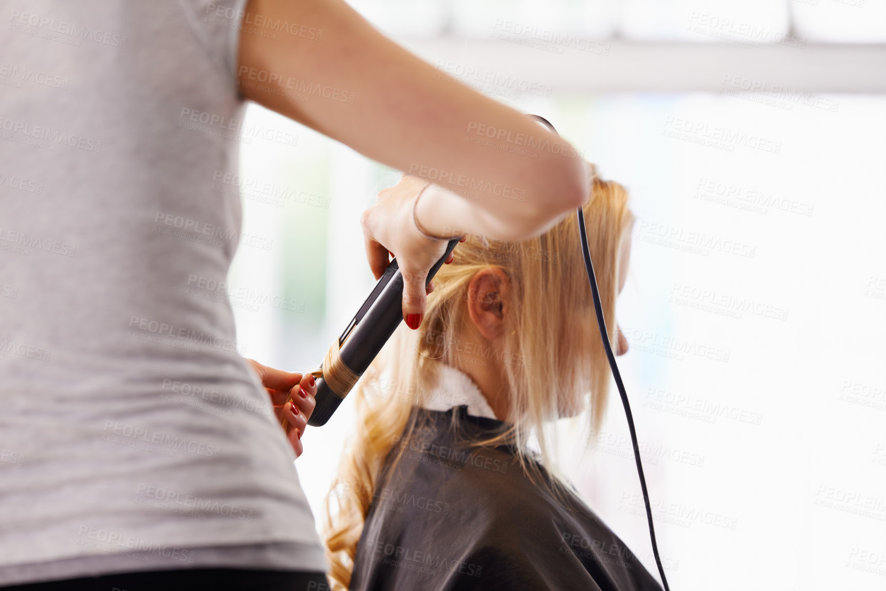 Buy stock photo Cutting, salon and closeup with client, hair style and grooming with wellness and service. People, curl tong or customer with scissor or startup with shampoo or volume with trim, luxury or texture