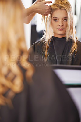 Buy stock photo Woman, hair style and salon with mirror, volume and washing with shampoo and keratin. Customer, worker and girl with service and scalp cleaning with client and cutting with beauty and cosmetics