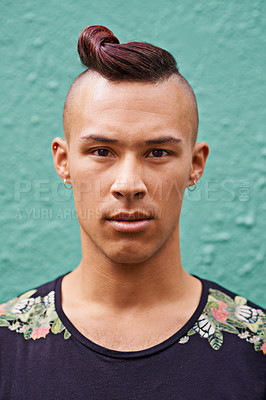 Buy stock photo Portrait of a young man with a trendy hairstyle standing outside