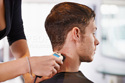 Buy stock photo Hair clipper, hairdresser hands and woman cut client hairstyle, grooming and cleaning in beauty salon. Hairdressing machine, hairstylist and studio people, customer or man for haircare treatment