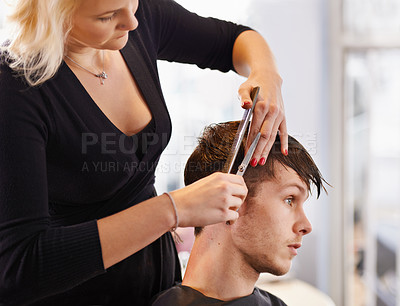 Buy stock photo Hair care comb, hairdresser scissors and woman cut client hairstyle, cleaning and grooming in beauty spa salon. Hairdressing, service and studio person, customer or man for haircare brush treatment