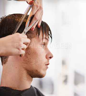 Buy stock photo Hair scissors, man and hairdresser hands  cutting hairstyle, grooming and cleaning in studio salon. Hairdressing cosmetic tools, stylist service or profile of people, customer or client for treatment