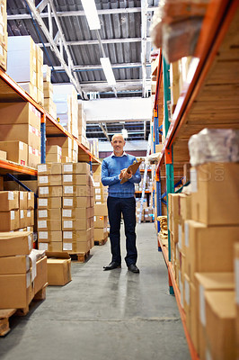 Buy stock photo Manager, man and portrait in warehouse with clipboard for inventory, quality control and freight distribution. Senior, wholesale supplier and stock checklist in logistics industry for box inspection