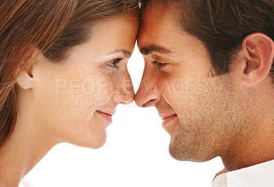 Buy stock photo  Happy couple, nose touch and bonding together for love and care on honeymoon with romance. Man, woman and face for intimacy in marriage in healthy relationship and renew commitment on anniversary
