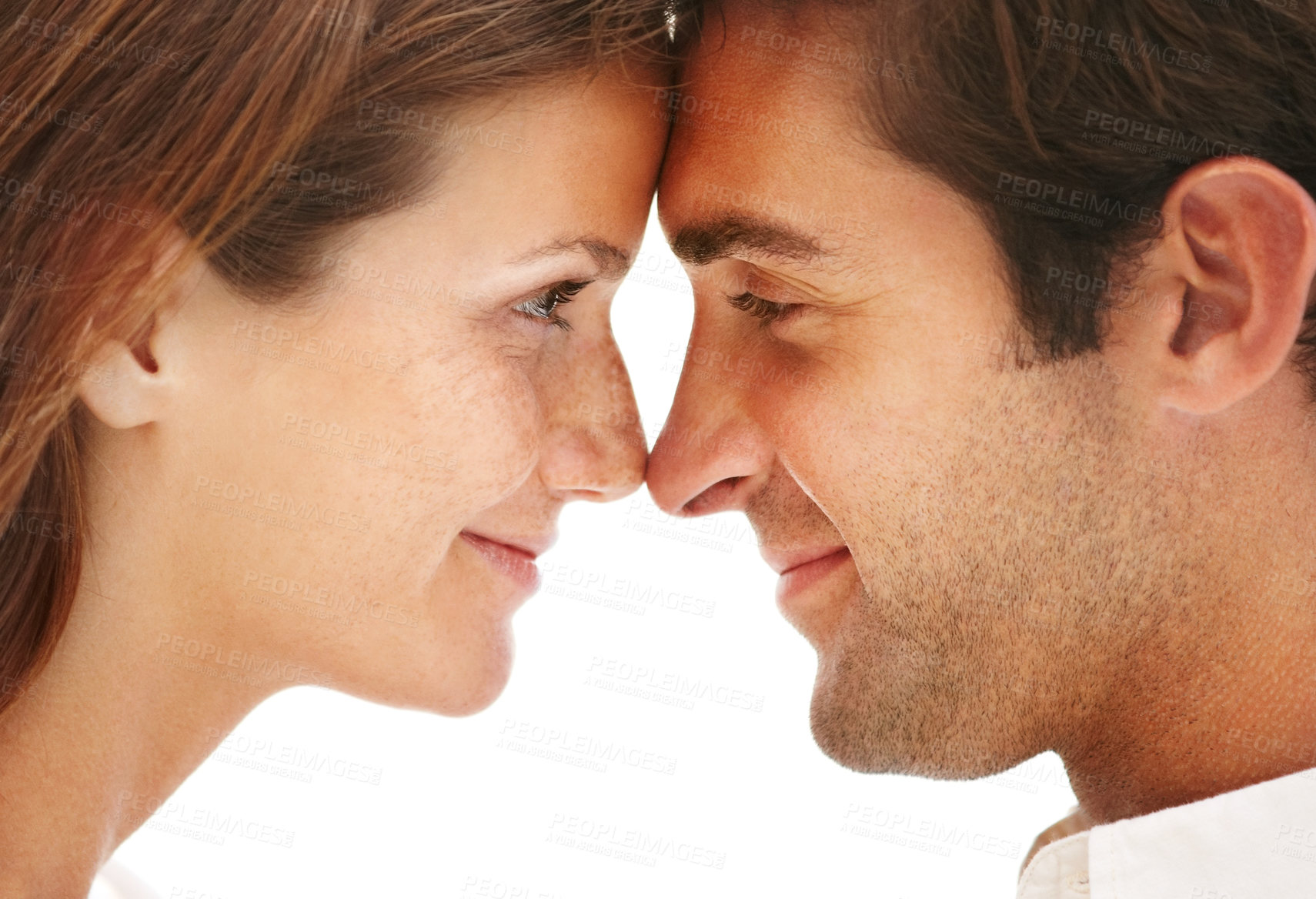 Buy stock photo  Happy couple, nose touch and bonding together for love and care on honeymoon with romance. Man, woman and face for intimacy in marriage in healthy relationship and renew commitment on anniversary