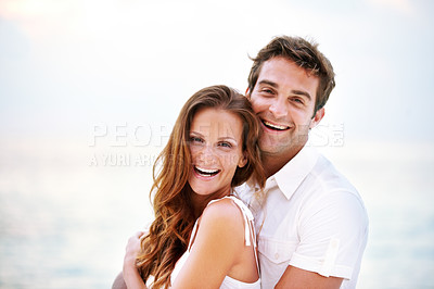 Buy stock photo  Happy couple, portrait and holiday by ocean for love and travel on honeymoon adventure in sun. Man, woman and smile face for bonding in marriage, touch and together on beach vacation in cape town