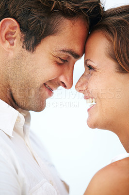 Buy stock photo  Happy couple, nose touch and love in outdoor for romantic and travel on honeymoon by sky background. Man, woman and face together for bonding with care, peace and smile for commitment in marriage
