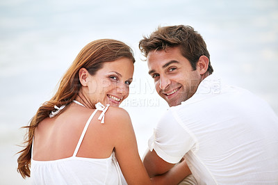 Buy stock photo Happy couple, portrait and love in nature for romantic and travel on honeymoon by sky background. Man, woman and smile on face for bonding together with care, peace or trip for commitment in marriage