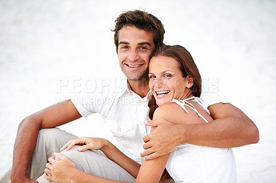 Buy stock photo  Happy couple, portrait and love in outdoor with hug, romance and travel for honeymoon in nature. Man, woman and smile face for bonding together with care, peace and trip for commitment in marriage