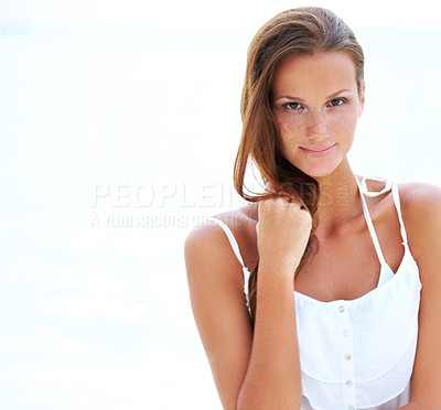 Buy stock photo Portrait, woman and relax on vacation in nature, happy and travel n in summer to tropical island. Young person, smile and face with wellness at beach resort, peace and holiday for leisure in outdoor