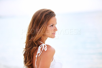 Buy stock photo Woman, beach and thinking in summer with space, waves and outdoor on tropical holiday with memory. Girl, person and vision with ideas in sunshine on vacation by ocean to relax by seaside in Mykonos