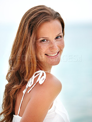 Buy stock photo Smile, portrait and woman by ocean with nature travel for outdoor vacation, adventure and summer  holiday. Happy, beach and face of female person for journey, freedom and tourist in seaside Bali