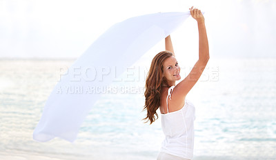 Buy stock photo Smile, portrait and woman at beach with travel for outdoor vacation, adventure and summer  holiday. Happiness, back view and female person with towel for journey, freedom and tourist in seaside Bali
