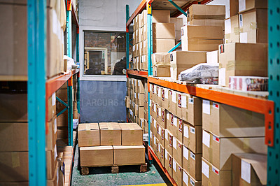 Buy stock photo Stock, product and factory for ecommerce, delivery and logistics for retail, shipping and package. Supply chain, warehouse or industry with boxes and manufacturing for store, service and storage