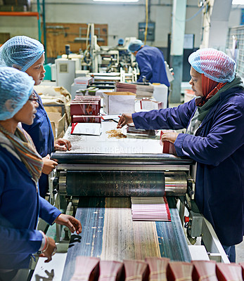 Buy stock photo Workers, printer and machine in factory for paper, system and industry for manufacturing and distribution. Woman, stock and control with production for assembly line, printing and supplier for job