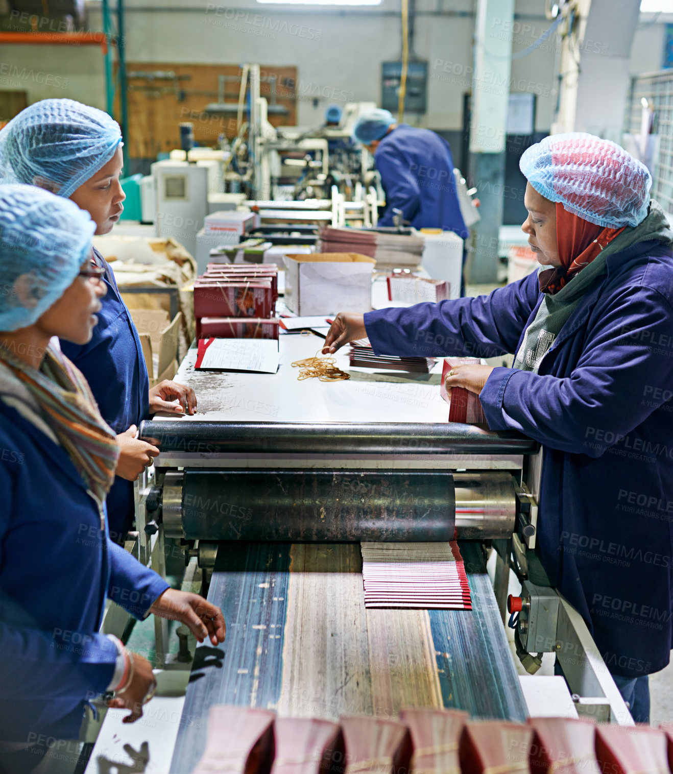 Buy stock photo Workers, printer and machine in factory for paper, system and industry for manufacturing and distribution. Woman, stock and control with production for assembly line, printing and supplier for job