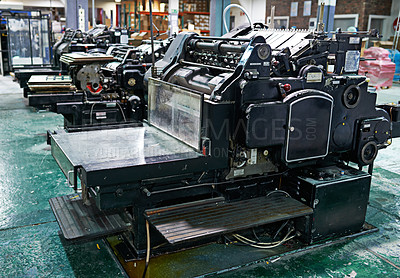 Buy stock photo Vintage, printing and manufacturing in factory for newspaper  production in business with automated system. Antique, press and industry in plant for newsletter trade with controlled operations