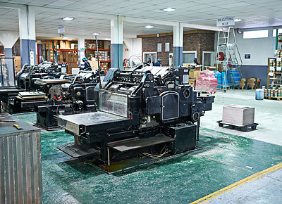 Buy stock photo Industrial, printer and machinery in printing, factory and industry for newspaper, magazine and books. Inside, room and printing with paper, ink and equipment for distribution, media and publication