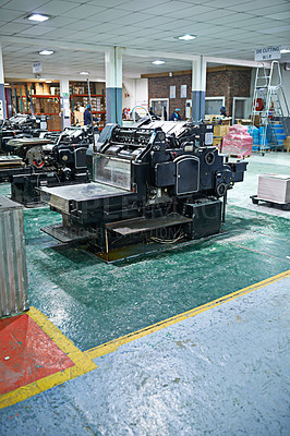 Buy stock photo Machine, production and factory for industry and manufacturing for distribution in warehouse. Metal, equipment for stock, assembly line and printing process for supply chain and system control