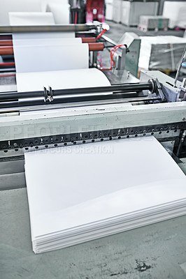 Buy stock photo Printer, production and paper factory at warehouse with manufacturing distribution, ink jet or press. Technology, automated and supplier tools for machine process as equipment, business or publishing
