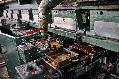 Buy stock photo Closeup, printing  and production with machine in factory for  distribution, equipment and maintenance for safety. Warehouse, printer and press for newspaper, magazine and industrial manufacturing