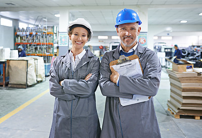 Buy stock photo Portrait, people or safety helmet in logistics, clipboard or paper delivery in warehouse building. Mature man, woman or checklist for product, stock or shipping administration as supply chain project