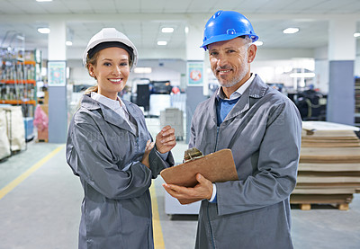 Buy stock photo Portrait, inspector or paper in safety, helmet or logistics as product, stock or inventory checklist. Mature man, confident woman or smile in quality control, document or inspection of ppe system