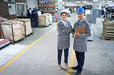 Buy stock photo Manager, smile and portrait in factory for production process, industry and manufacturing for distribution. Workers in uniform together in packaging plant for printing and stock in bag for supplier 