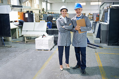 Buy stock photo Professional people, printing and industry in warehouse with clipboard for distribution, admin and packaging. Man, woman and happy in factory with portrait for production, manufacturing and teamwork