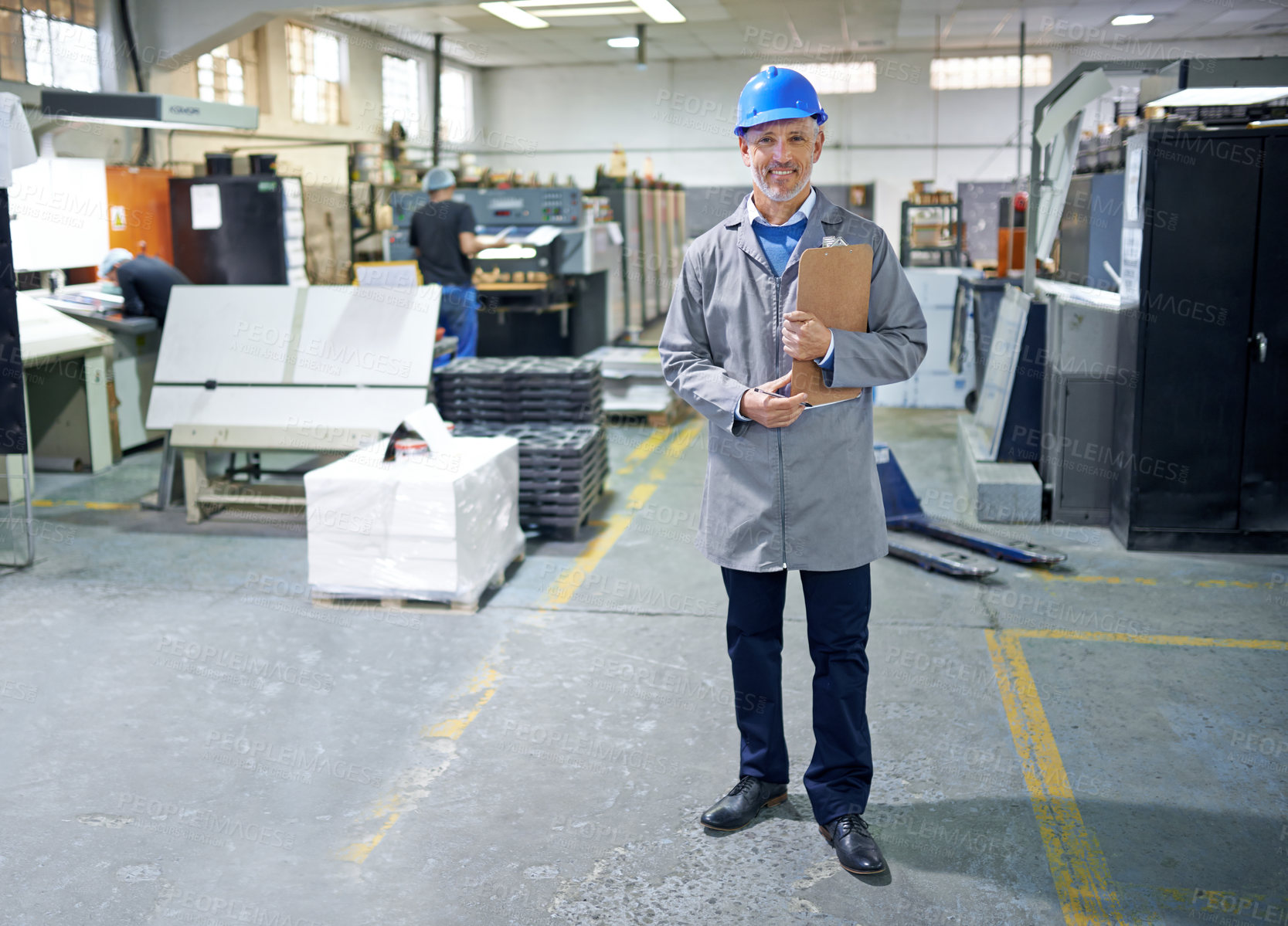 Buy stock photo Portrait, man or clipboard in packaging, safety or helmet as product, logistics or industry by stock. Happy, inspector or checklist in quality control, industrial or inspection of inventory on site