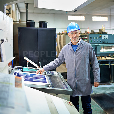 Buy stock photo Portrait, person and printing in factory with paper, quality inspection and storage. Man, publishing plant and creative product for distribution with professional worker, smile and technology