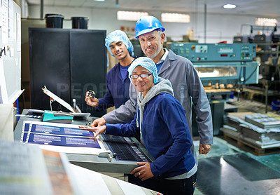 Buy stock photo Factory, employees and working with printing, distribution and documents for publication, media and magazine. People, teamwork  and process for printed press, edition and advertisement for newspaper