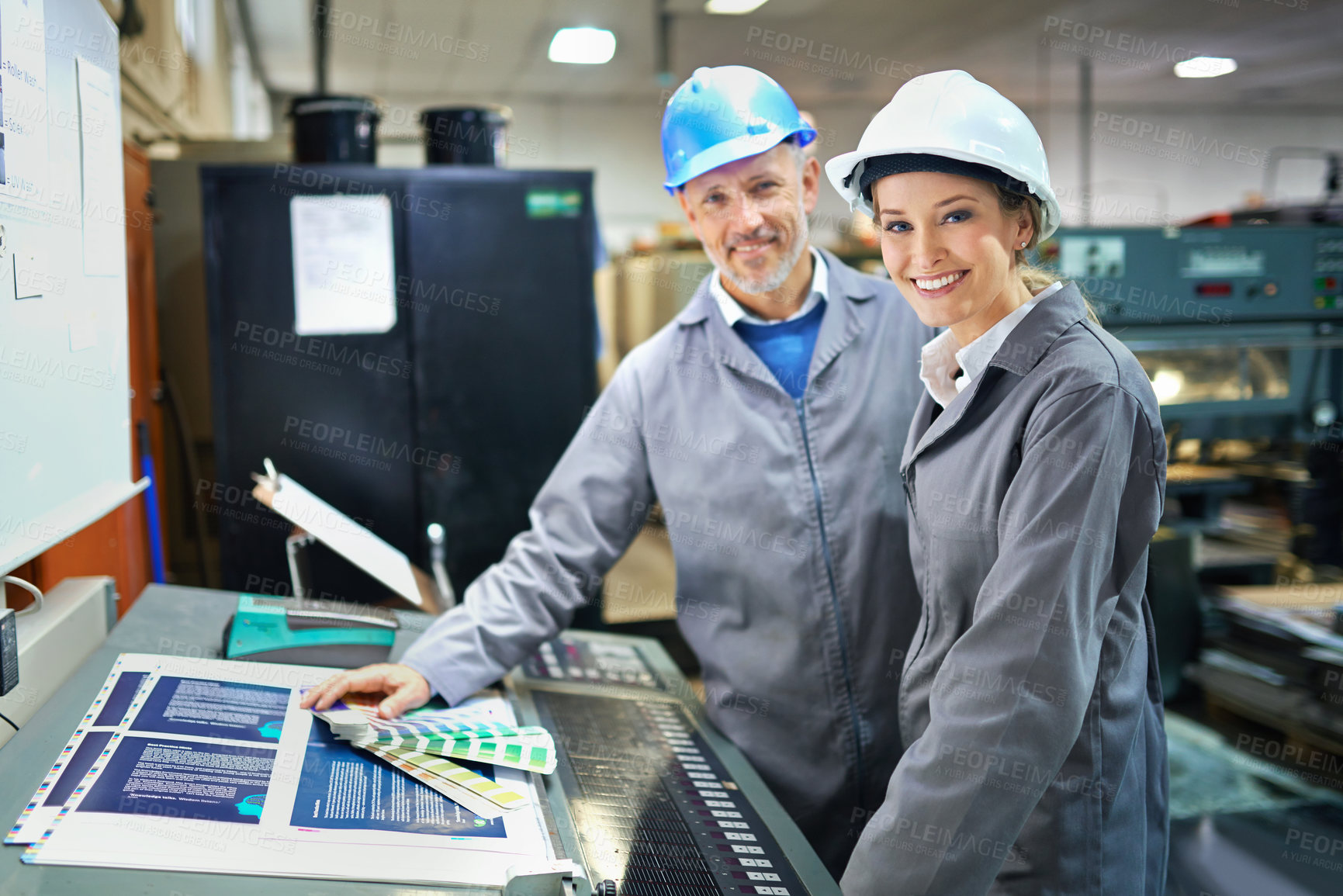 Buy stock photo Portrait of a people working inside a printing, packaging and distribution factory. The commercial designs displayed represent a simulation of a real product and have been changed or altered enough by our team of retouching and design specialists so that they don't have any copyright infringements