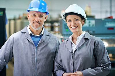 Buy stock photo Teamwork, smile and portrait in factory for manufacturing,  distribution or logistics industry. Mature people and happy in packaging plant or warehouse for supply chain, print and stock for supplier