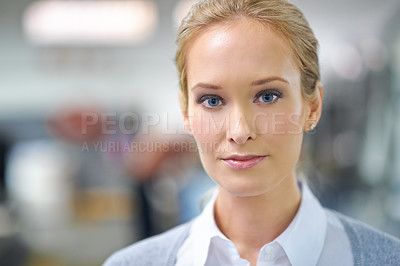 Buy stock photo Business woman, portrait and confidence at workplace with pride, professional worker and blurred background. Female person, employee or entrepreneur for career, company and corporate job in Munich