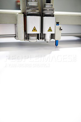 Buy stock photo Closeup, industrial and printer for production, newspaper and magazine with packaging, distribution and publication. Inside, room and printing factory for media, industry and machinery or equipment
