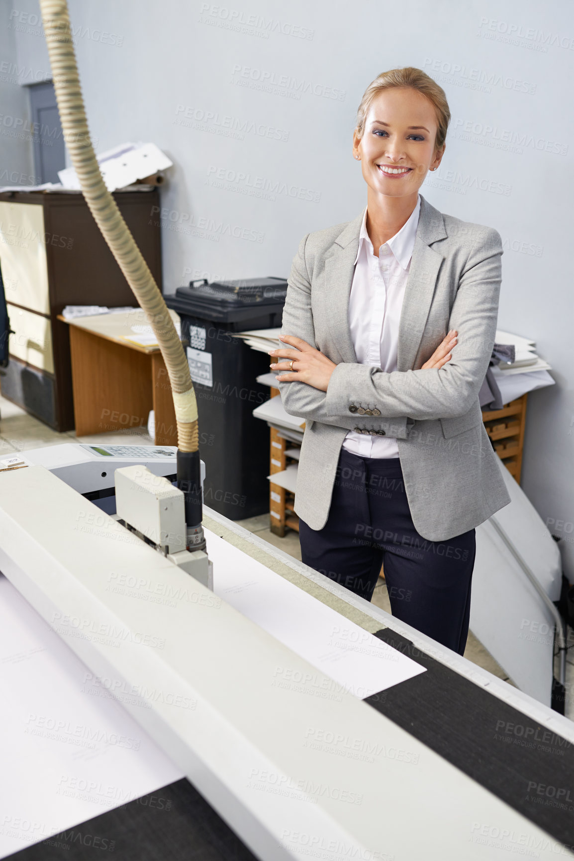 Buy stock photo Woman, portrait and printing paper fr production wholesale or manufacturing as laser ink jet, service or warehouse. Female person, face and industrial machine for publishing, newspaper or facility